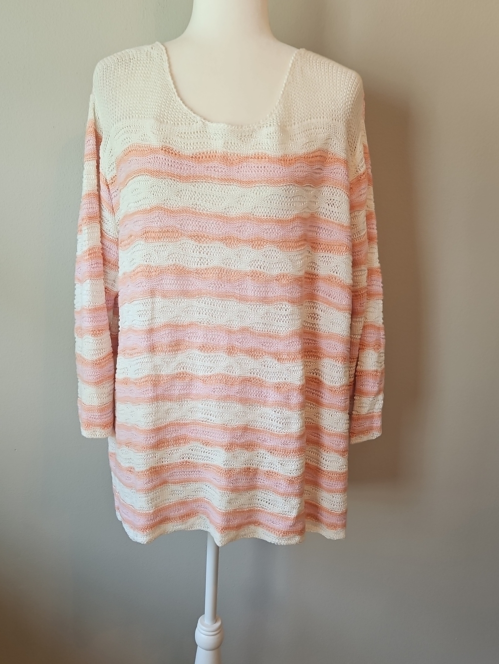 Sigrid Olsen Pink and Cream Striped Scoop-Neck Sweater